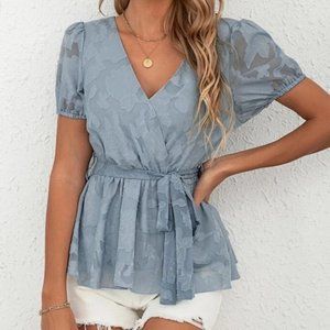 Blue Belted Peplum Top